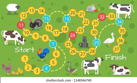 Vector flat style illustration of kids farm board game template with cows. For print. Green background.