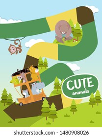Vector flat style illustration of kids animals board game. For print. Cute Animal Theme.