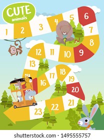 Vector flat style illustration of kids animals board game. For print. Cute Animal Theme.