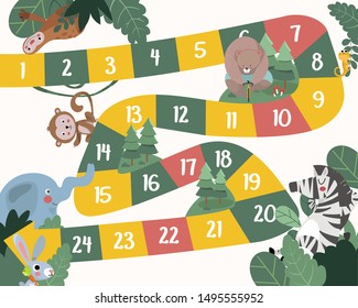 Vector flat style illustration of kids animals board game. For print. Cute Animal Theme.