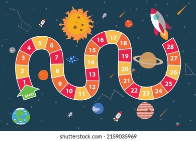 Vector flat style illustration of kids science and space board game.