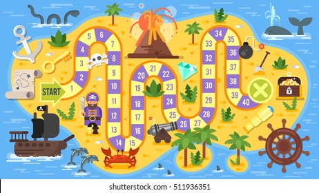 Vector flat style illustration of kids pirate board game template. For print. 