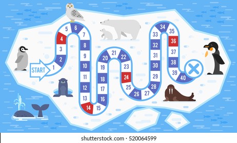 Vector flat style illustration of kids arctic animals board game template. For print. 