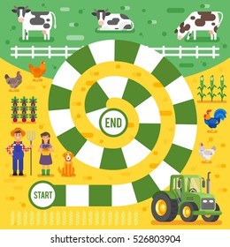 Vector flat style illustration of kids farm board game template. For print. 