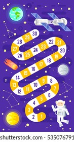 Vector flat style illustration of kids science and space board game. Template for print. 