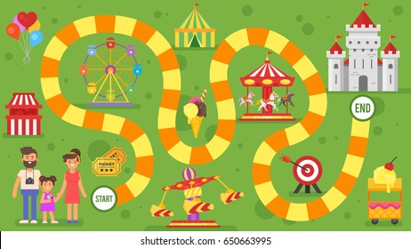 Vector flat style illustration of kids amusement park board game template. For print. 