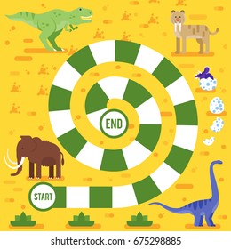 Vector flat style illustration of kids board game with dinosaurs template. For print. 