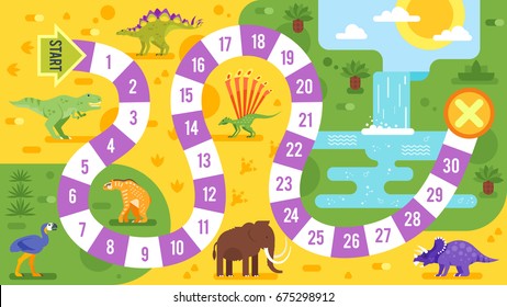 Vector flat style illustration of kids board game with dinosaurs template. For print. 