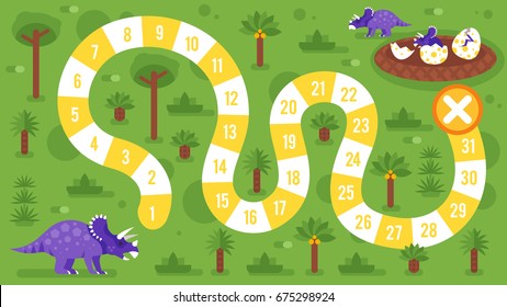 Vector flat style illustration of kids board game with dinosaurs template. For print. 