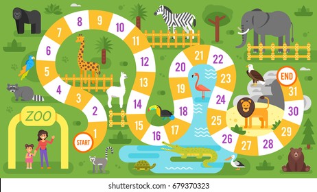 Vector flat style illustration of kids zoo animals board game template. For print. 