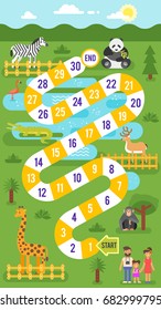 Vector flat style illustration of kids zoo animals board game template. For print. 