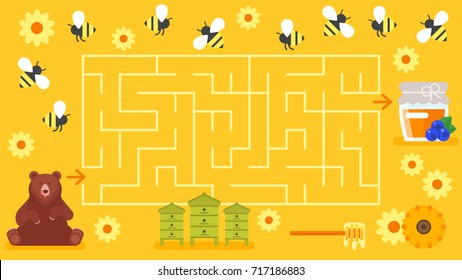 Vector flat style illustration of kids honey and beekeeping board game template. Children's labyrinth with bee and bear. For print. 