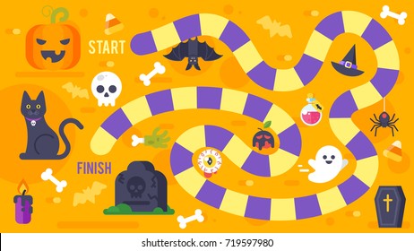 Vector flat style illustration of kids Halloween game template. For print.