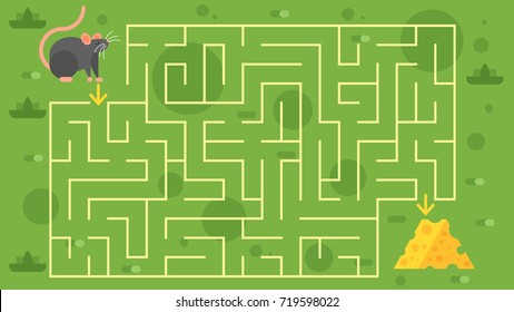 Vector flat style illustration of kids game  with mouse and cheese template. Children's maze. For print.
