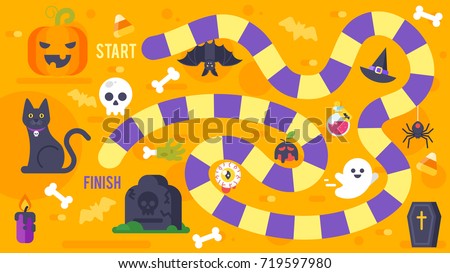 Vector flat style illustration of kids Halloween game template. For print.
