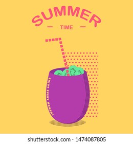 Vector flat style illustration of kiwi smoothie in violet cup with text "Enjoy every moment" for posters, invitations and flyers