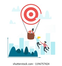 Vector flat style illustration of leader businesswoman on air balloon with target sign holding the hand of other businessman and pull up. Leadership concept. Minimalism design with people silhouettes.