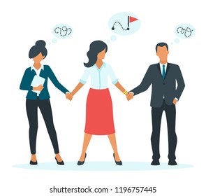 Vector flat style illustration of leader businesswoman holding hands of other business people and helping to reach the goal. Leadership and teamwork concept. Minimalism design with people silhouettes.