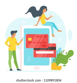 Vector flat style illustration of man and woman in front of a huge cell phone. Credit card icon on the screen of smartphone. Minimalism design with exaggerated objects. Online payment concept.
