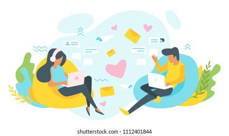 Vector flat style illustration of a man and woman having online relationship. Characters sitting in front of each other. Minimalism design with exaggerated objects. Online dating concept.

