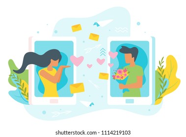 Vector flat style illustration of a man and woman having online relationship. Minimalism design with exaggerated objects. Characters in front of a huge cellphone. Online dating concept.
