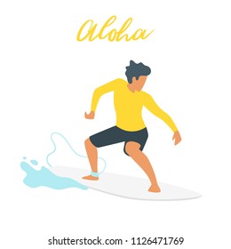 Vector flat style illustration of man   surfer silhouette with wave.  Minimalism design. Isolated on white background.
