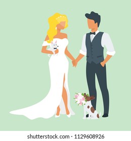 Vector Flat Style Illustration Of Man In Suit And Woman In Wedding Dress Standing And Holding Hands. Marriage Day With Pet Dog. Fashion Style Of Clothes.