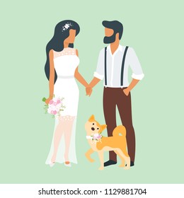 Vector flat style illustration of man in suit and woman in wedding dress standing and holding hands. Marriage day with pet dog. Hipster style of clothes.