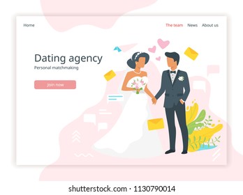 Vector flat style illustration of man in suit and woman in wedding dress standing and holding hands. Marriage day. Bridal agency landing page template. Minimalism design with exaggerated objects.