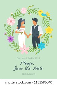 Vector flat style illustration of man in suit and woman in wedding dress standing and holding hands. Marriage day. Fashion style of clothes. Save the date invitation template. Floral wreath.