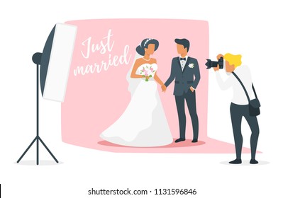 Vector flat style illustration of man in suit and woman in wedding dress standing and holding hands. Marriage day photo session. Photographer shoots
just married in studio with shooting equipment.