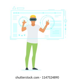 Vector flat style illustration of man silhouette in virtual reality glasses. People interact with technological HUD elements and futuristic interface. Minimalism design. Creative process concept.
