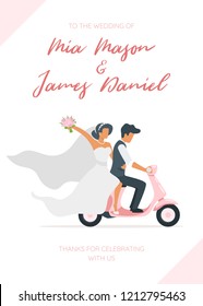 Vector flat style illustration of man in suit and woman in wedding dress riding on scooter. Retro style transport. Marriage day. Classical style of clothes. Save the date invitation template. 