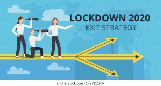 Vector flat style illustration of a man and woman with telescope. Lockdown 2020 exit strategy. Quarantine end, self isolation exit. People, coronavirus. Lifting lockdown plan