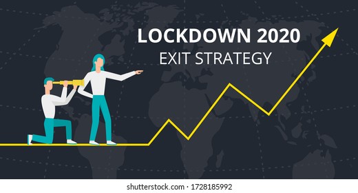 Vector flat style illustration of a man and woman with telescope. Lockdown 2020 exit strategy. Quarantine end, self isolation exit. People, coronavirus. Lifting lockdown plan