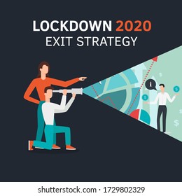 Vector flat style illustration of a man and woman with telescope. Lockdown 2020 exit strategy. Quarantine end, self isolation exit. People, coronavirus. Lifting lockdown plan.