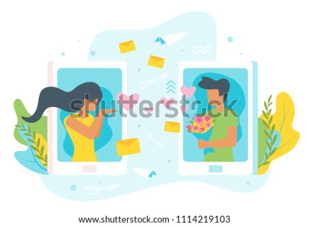 Vector flat style illustration of a man and woman having online relationship. Minimalism design with exaggerated objects. Characters in front of a huge cellphone. Online dating concept.
