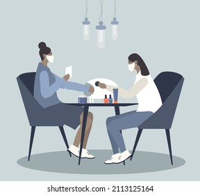 ilustración vectorial de estilo plano - un manicurista hace una manicura a una mujer en un salón de belleza.