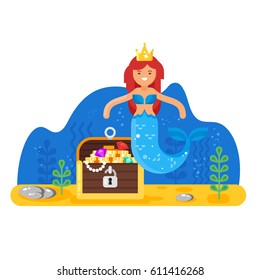 Vector flat style illustration of mermaid near the treasure chest deep in the sea. Isolated on white background.