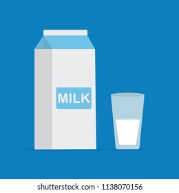 Vector flat style illustration of milk packing and a glass of milk on blue background. Icon for web. Vector stock illustration.