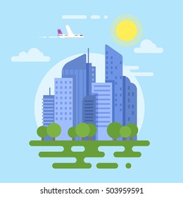 Vector flat style illustration of modern city. Plane and buildings. Isolated on white background. Icon for web.