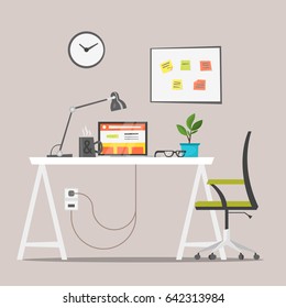 Vector flat style illustration of modern workplace. Job concept. Isolated on white background. Icon for web.