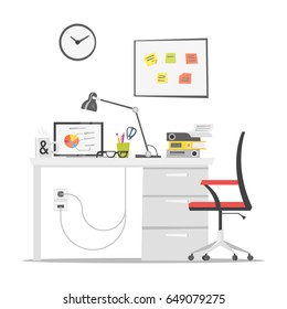 Vector flat style illustration of modern workplace. Job concept. Isolated on white background. Icon for web.