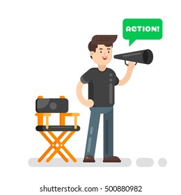 Vector flat style illustration of movie director. Speech bubble and the word "Action" in it. Isolated on white background. Icon for web.
