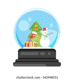 Vector flat style illustration of  new year and xmas glass ball with snowman. Icon for web. Isolated on white background.