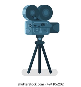 Vector flat style illustration of old cinema camera. Icon for online movies. Isolated on white background. 