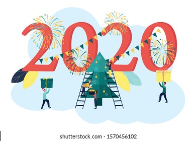 Vector flat style illustration on white background, Christmas trees with balls, businessmen decorate the Christmas tree with Christmas balls. Little people carry gifts