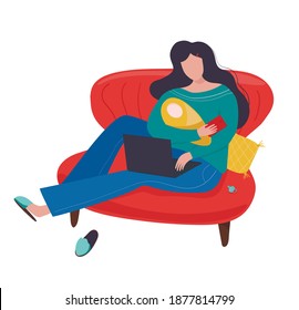 Vector flat style illustration on white background. Woman or girl is working on laptop and smartphone with chest child in her arms. Real work on maternity leave, freelance, part time job.