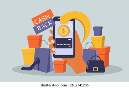 vector flat style illustration on the theme of cashback. a lot of purchases and a hand with a smartphone, on the screen of which money is returned to the card.