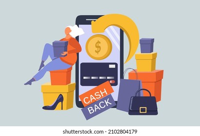 ilustración de estilo plano vectorial sobre el tema del cashback.  un smartphone, en la pantalla del cual se devuelve el dinero a la tarjeta, muchas compras y una mujer feliz .